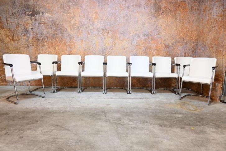 ZGANieuw 9 witte leren Gispen 603 design eetkamerstoelen, Huis en Inrichting, Stoelen, Zo goed als nieuw, Vier, Hout, Leer, Metaal