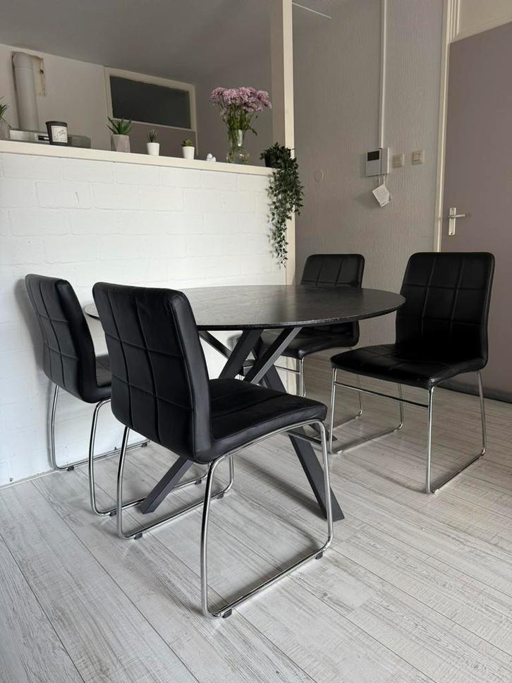 Ronde eettafel + stoelen, Huis en Inrichting, Tafels | Eettafels, Zo goed als nieuw, 100 tot 150 cm, Vijf personen of meer, Rond
