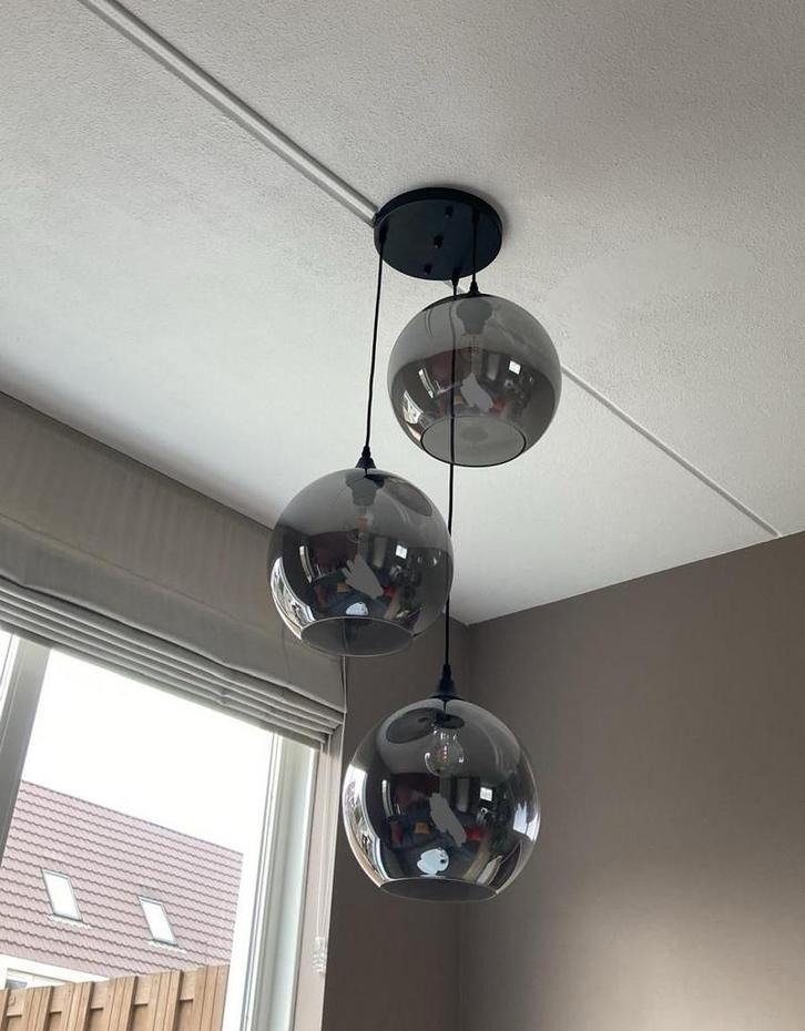 Hanglamp Loods5 rookglas bollen, Huis en Inrichting, Lampen | Hanglampen, Zo goed als nieuw, 75 cm of meer, Glas, Ophalen