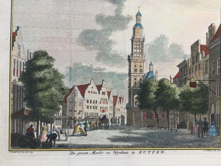 Zutphen, Grote Markt en Wijnhuis, 1729, Philips, 1741, Antiek en Kunst, Kunst | Etsen en Gravures, Verzenden