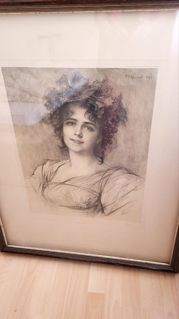 Ets F.A. von kaulbach "Bacchantin" in antieke lijst., Ophalen