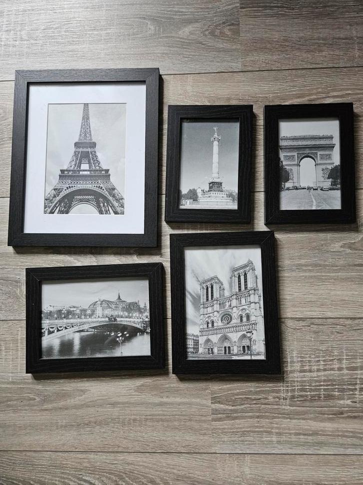 5 zwarte fotolijstjes met bekende gebouwen, Huis en Inrichting, Woonaccessoires | Lijsten, Zo goed als nieuw, Minder dan 50 cm