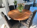 Ronde houten eettafel 140cm op stalen frame, Gebruikt, 100 tot 150 cm, Rond, Ophalen of Verzenden