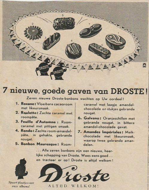 retro reclame 1936 Droste chocolade 7 goede gaven, Verzamelen, Retro, Overige typen, Ophalen of Verzenden