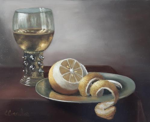 Cornelis de Wit (1949) - Roemer en geschilde citroen op bord, Antiek en Kunst, Kunst | Schilderijen | Klassiek, Ophalen of Verzenden