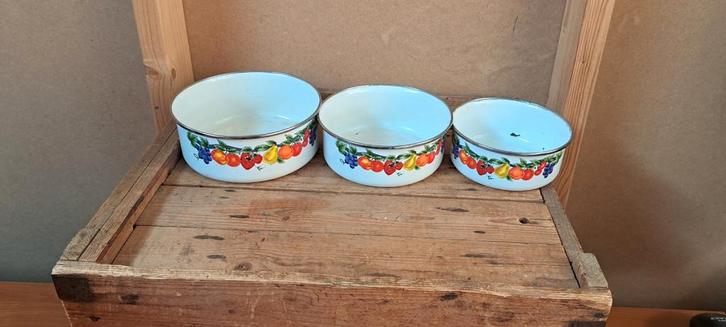 Emaille Schalen Set met Fruitmotief, Huis en Inrichting, Keuken | Keukenbenodigdheden, Gebruikt, Ophalen of Verzenden