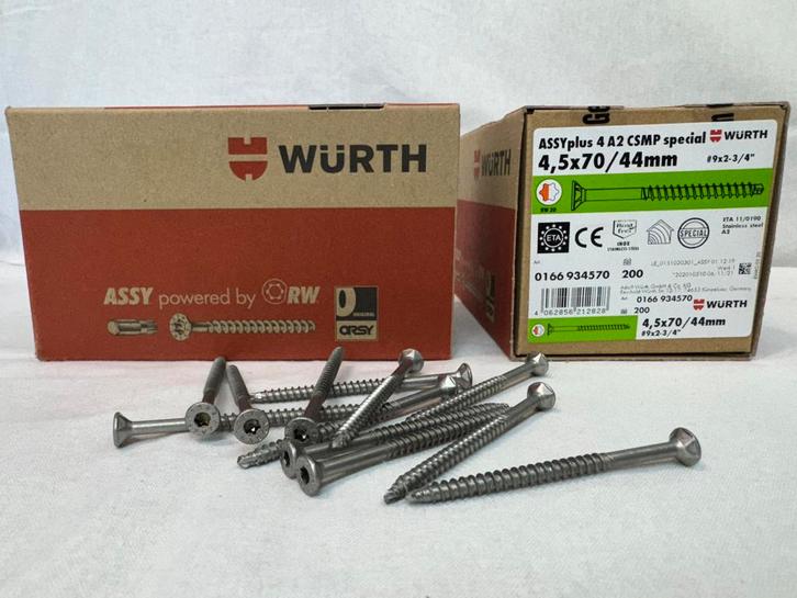 Hardhoutschroeven RVS grote partij Würth 4,5x70/44 200 stuks, Doe-het-zelf en Verbouw, IJzerwaren en Bevestigingsmiddelen, Nieuw