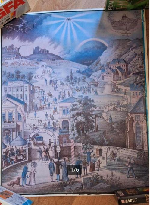 Antieke religieuze prent – “De Levensweg” – Grote allegorisc, Antiek en Kunst, Kunst | Litho's en Zeefdrukken, Ophalen of Verzenden