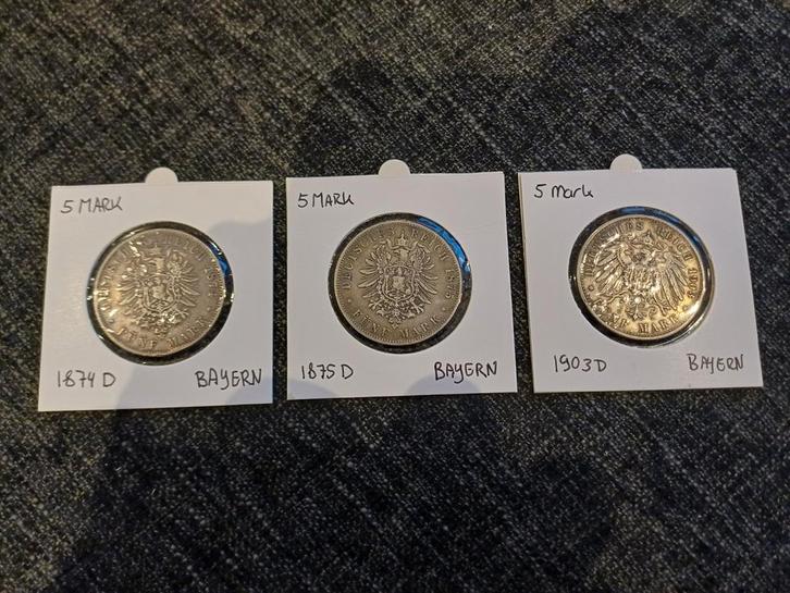 Set 3 Stuks 5 Mark Bayern Duitsland Zilver, Postzegels en Munten, Munten | Europa | Niet-Euromunten, Setje, Duitsland, Zilver