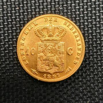 Wilhelmina tientje 10 gulden 1897 verguld gouden naslag. beschikbaar voor biedingen