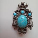 Vintage broche,   zilverkleurig en turquoisekleur, Ophalen of Verzenden, Overige materialen, Broche