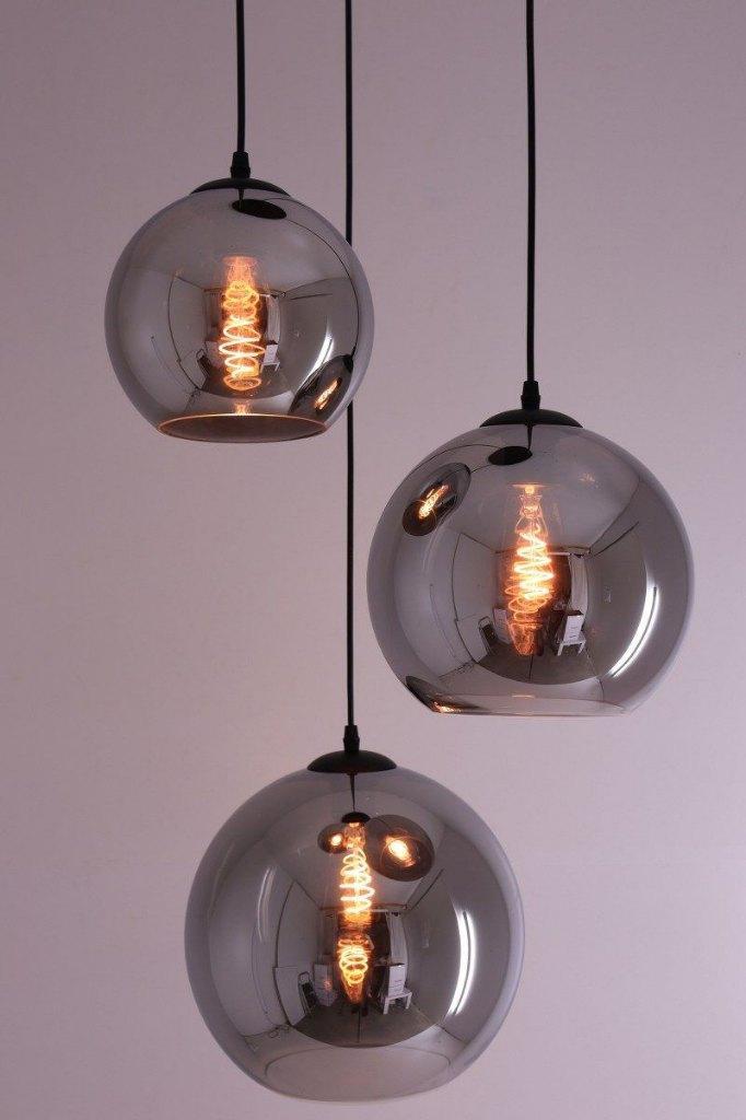 Hanglamp 3lichts - rond - smoke rookglas bollen, Huis en Inrichting, Lampen | Hanglampen, Zo goed als nieuw, 50 tot 75 cm, Glas