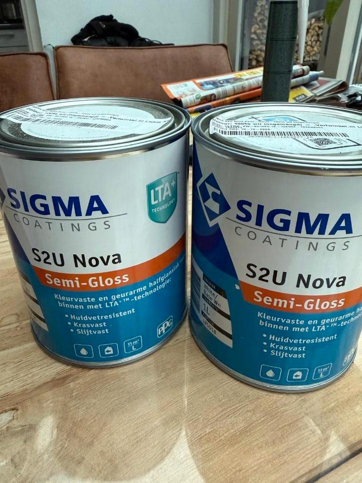 2x Sigma S2U Nova Semi-Gloss, Doe-het-zelf en Verbouw, Verf, Beits en Lak, Nieuw, Lak, Minder dan 5 liter, Wit, Ophalen of Verzenden