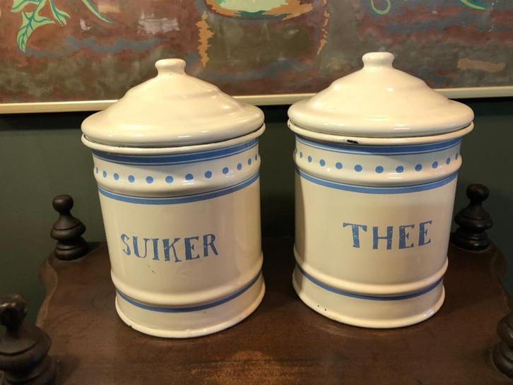 Emaille Brocante Voorraad Potten Suiker & Thee., Antiek en Kunst, Curiosa en Brocante, Ophalen of Verzenden