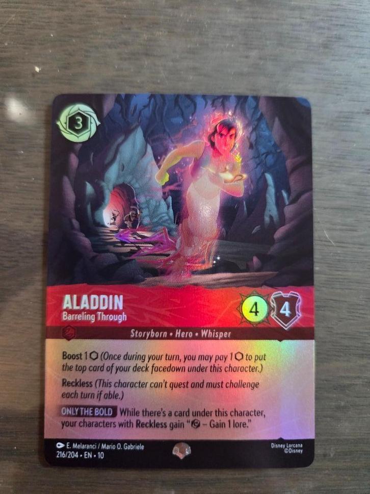 Aladdin Barreling Through 216 Whispers in the well Lorcana, Hobby en Vrije tijd, Verzamelkaartspellen | Overige, Nieuw, Losse kaart