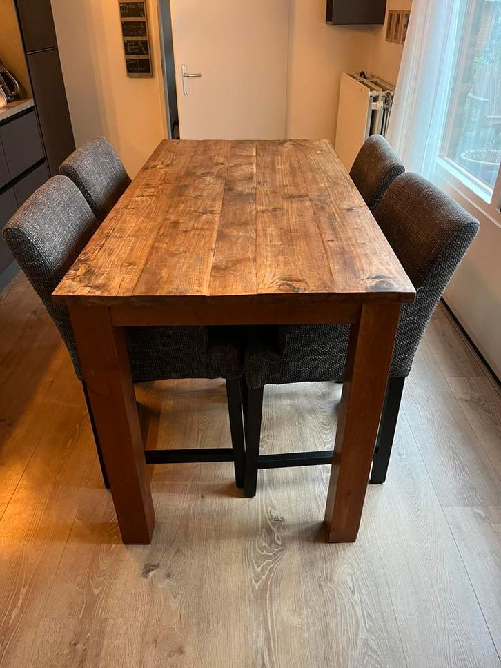 Bar tafel teak hout met 4 bij passende stoelen, Huis en Inrichting, Complete eetkamers, Zo goed als nieuw, 4 tot 6 stoelen, Ophalen