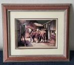 mooi schilderij paarden in stal + brede lijst achter glas, Verzenden