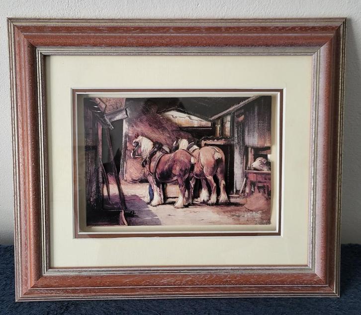 mooi schilderij paarden in stal + brede lijst achter glas, Huis en Inrichting, Woonaccessoires | Schilderijen, Tekeningen en Foto's