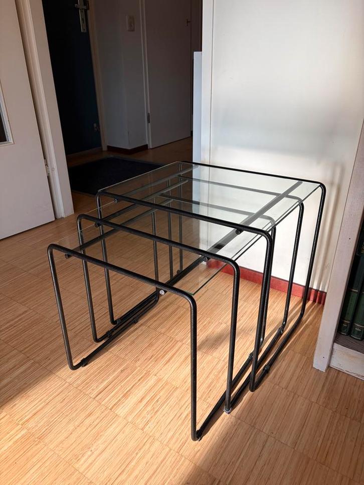 Vintage Jaren 80 Mimiset, Huis en Inrichting, Tafels | Bijzettafels, Gebruikt, Vierkant, 45 tot 60 cm, Minder dan 55 cm, Glas