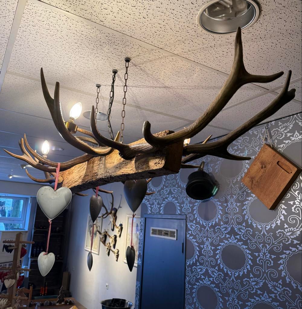 Unieke Gewei Kroonluchter, Huis en Inrichting, Lampen | Kroonluchters, Gebruikt, Hout, Ophalen of Verzenden