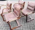 Set van 6 vintage Asko esko fauteuils bentwood leder., Huis en Inrichting, Stoelen, Ophalen, Gebruikt, Bruin, Vintage