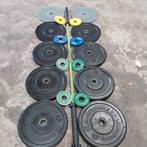 Crossmaxx Olympische bumper plates + Atx barbell 220cm, Ophalen, Zo goed als nieuw