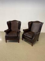 2 Engelse Oorfauteuils in rundleder, Huis en Inrichting, Fauteuils, Ophalen, Gebruikt, Engels / Klassiek / Oorfauteuil, 75 tot 100 cm