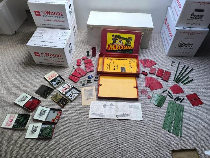 Oude Meccano doos met onderdelen – inclusief NECOBO handleid, Antiek en Kunst, Antiek | Speelgoed, Ophalen