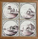 Vier oud-Hollandse mangaan tegels met ossekophoeken., Antiek en Kunst, Antiek | Wandborden en Tegels, Ophalen of Verzenden