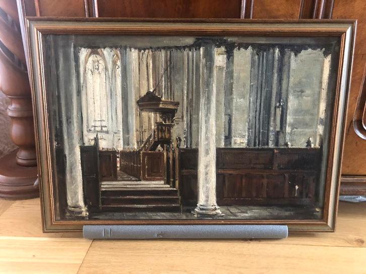 Olieverf schilderij interieur kerk 66x46 cm, Antiek en Kunst, Kunst | Schilderijen | Klassiek, Ophalen of Verzenden
