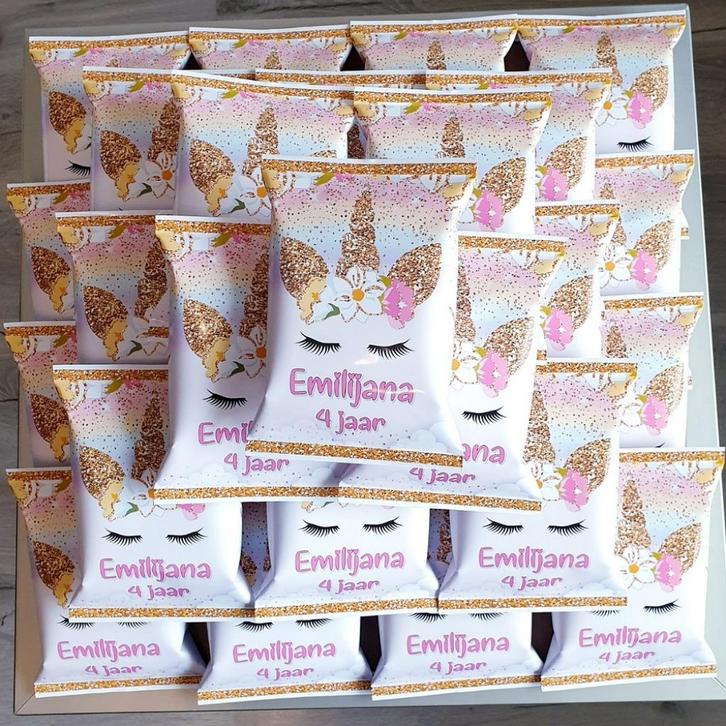 Traktatie zakje chips met thema UNICORN, Hobby en Vrije tijd, Feestartikelen, Nieuw, Feestartikel, Verjaardag, Ophalen of Verzenden
