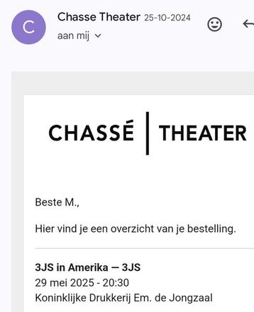 3J's in Chassé Breda, 29 mei, 2 kaarten. beschikbaar voor biedingen