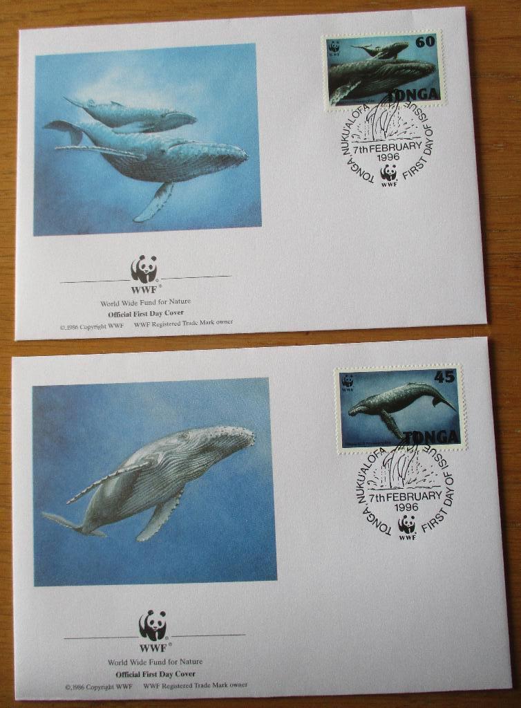 Tonga, WWF serie FDC's Bultrug, 1996, Ophalen of Verzenden, Gestempeld, Dier of Natuur