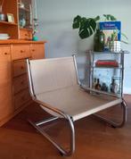 Retro fauteuil jaren 80 slede voet met linnen zitting, Huis en Inrichting, Fauteuils, Ophalen, Gebruikt, Minder dan 75 cm, Metaal