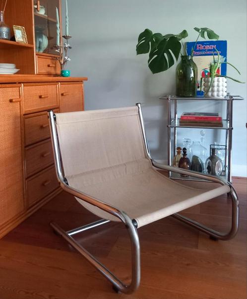 Retro fauteuil jaren 80 slede voet met linnen zitting, Huis en Inrichting, Fauteuils, Gebruikt, Metaal, 50 tot 75 cm, Minder dan 75 cm