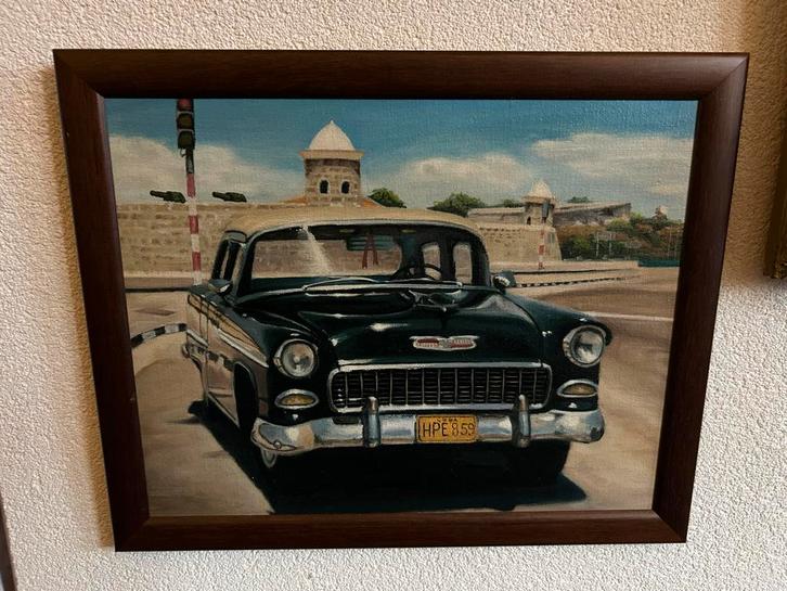 Oldtimer klassieker auto Chevrolet Cuba Schilderij W. Pajito, Verzamelen, Automerken, Motoren en Formule 1, Zo goed als nieuw