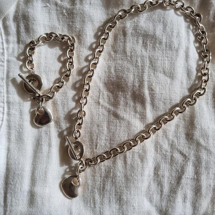 Zilveren Ketting & Armband Set met Hartbedel, Sieraden, Tassen en Uiterlijk, Kettingen, Zo goed als nieuw, Zilver, Zilver, Met hanger
