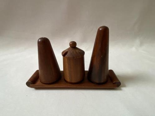 Retro Teak Peper en zoutvaatje met mosterdpotje, Huis en Inrichting, Keuken | Servies, Gebruikt, Overige typen, Overige stijlen