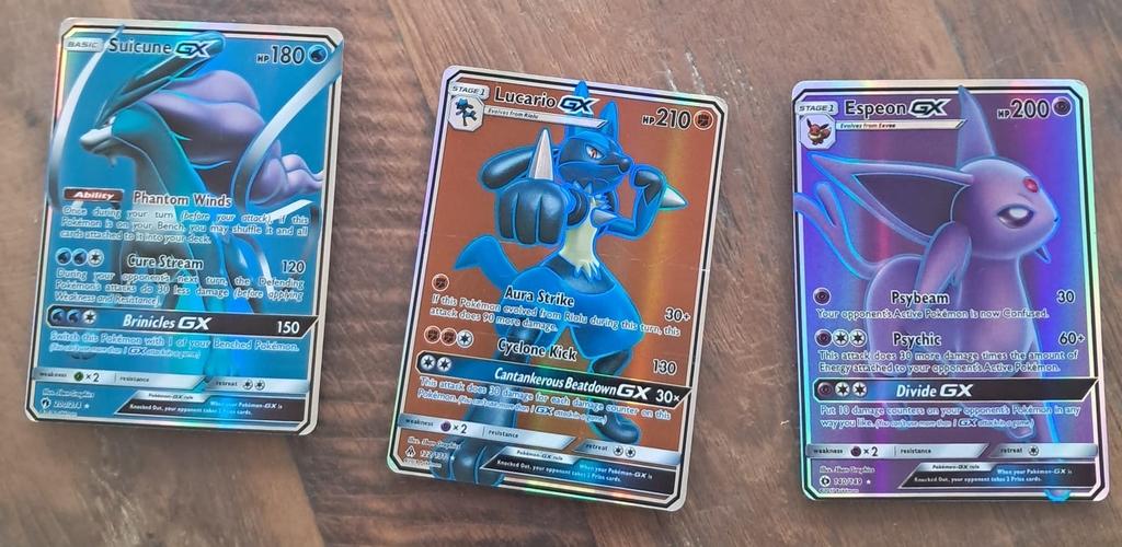 Pokémon GX Kaarten - Suicune, Lucario, Espeon, Ophalen of Verzenden, Zo goed als nieuw, Meerdere kaarten, Foil