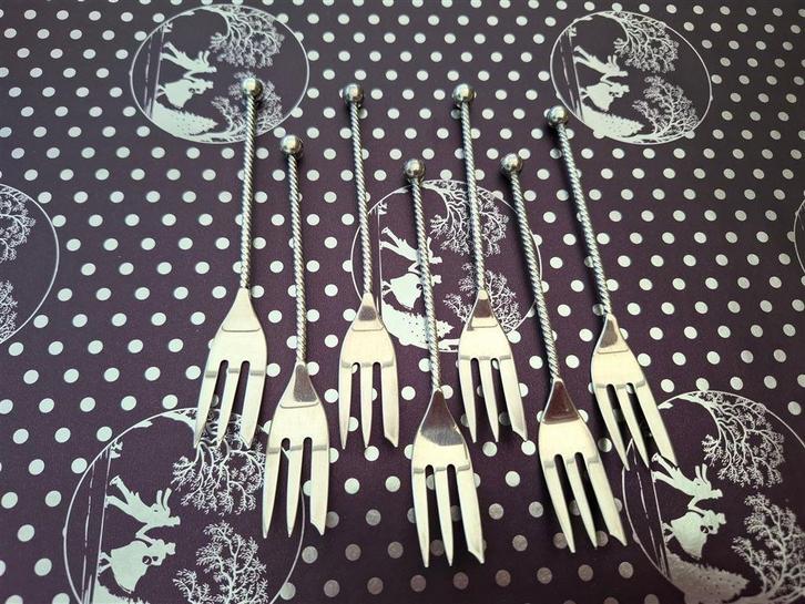 Taartvorkjes, gebaksvorkjes, Herman Hooijkas, verzilverd 100, Huis en Inrichting, Keuken | Bestek, Gebruikt, Los bestek, Overige materialen