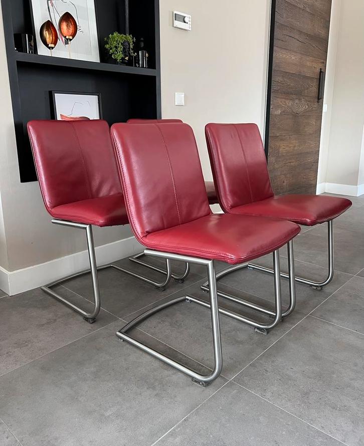 4/6 rood leder Henders & Hazel design stoel rvs frame, Huis en Inrichting, Stoelen, Zo goed als nieuw, Vijf, Zes of meer stoelen