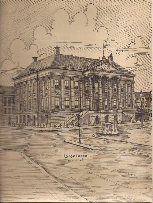 Groningen Stadhuis Grote Markt Tekening Sievers 50/60er jare, Antiek en Kunst, Kunst | Tekeningen en Foto's, Ophalen of Verzenden