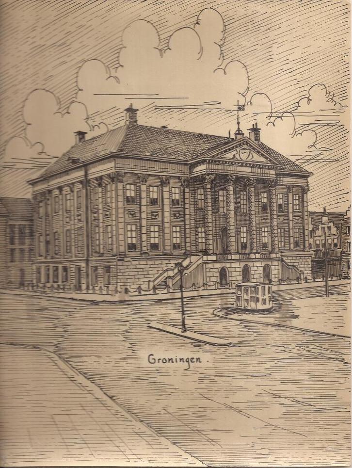 Groningen Stadhuis Grote Markt Tekening Sievers 50/60er jare, Antiek en Kunst, Kunst | Tekeningen en Foto's, Ophalen of Verzenden