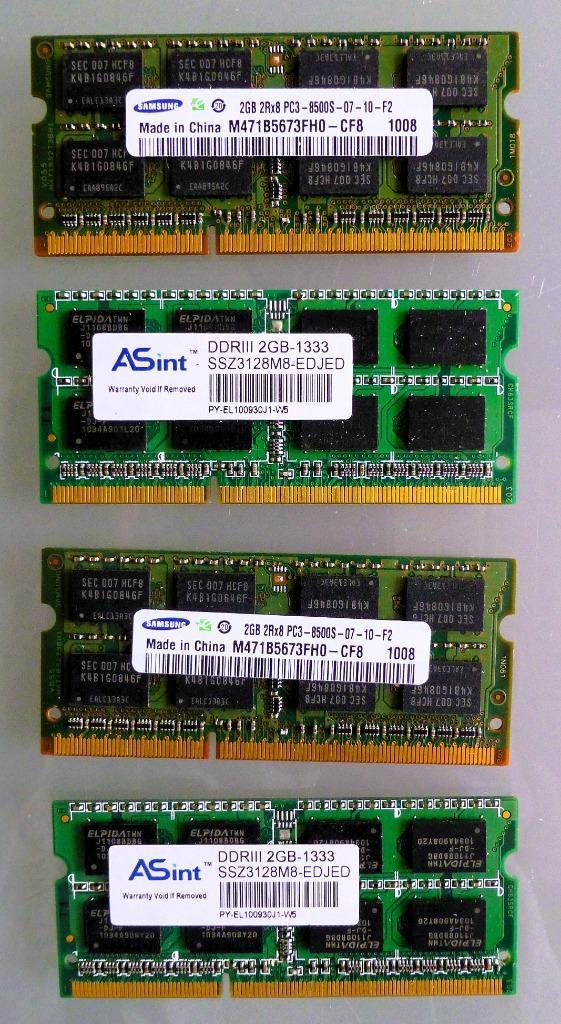Laptop geheugen kaartjes 4 x 2GB (Samsung 2x en Asint 2x), Computers en Software, RAM geheugen, Gebruikt, Laptop, 2 GB, DDR3, Ophalen
