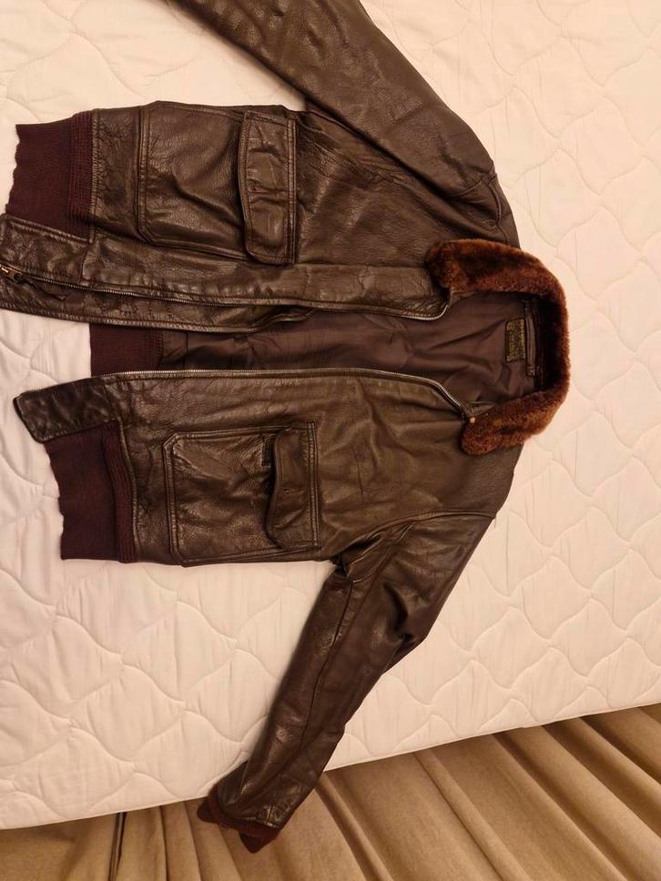 Bruine leren jas met bontkraag - Comfortabel!, Kleding | Heren, Jassen | Zomer, Gedragen, Overige maten, Bruin, Ophalen of Verzenden