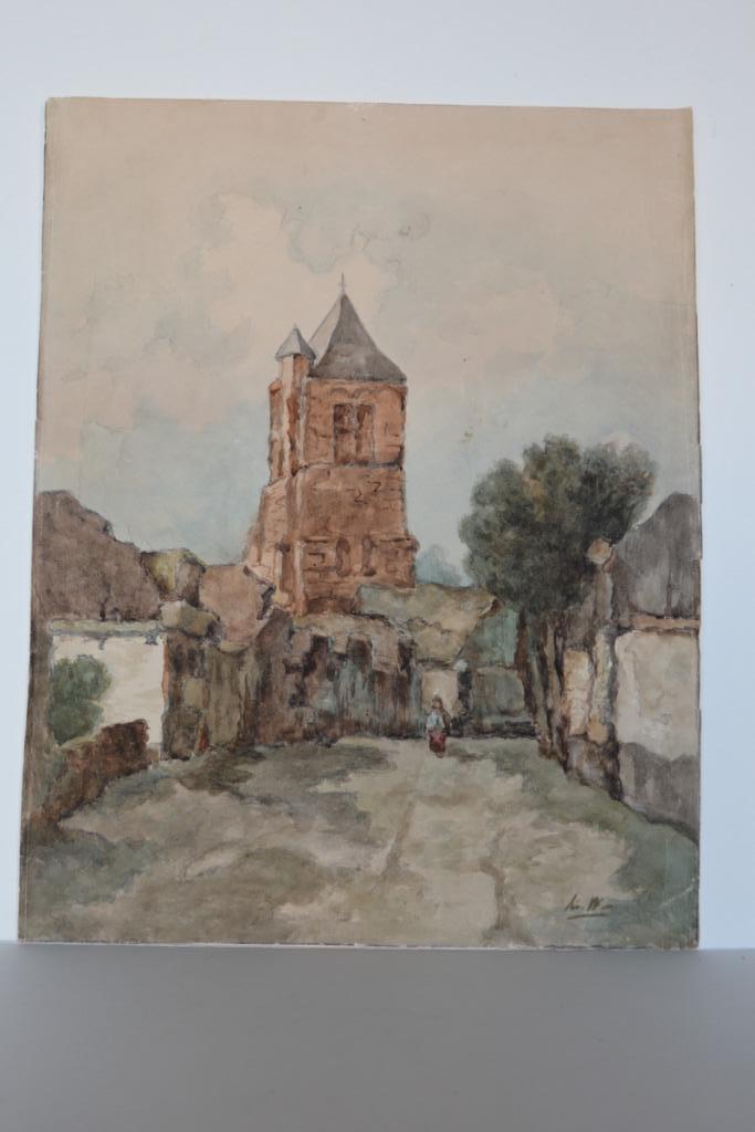AQUAREL Mooi DORPSGEZICHT MET TOREN GESIGNEERD L.W. K8, Antiek en Kunst, Kunst | Schilderijen | Klassiek, Verzenden