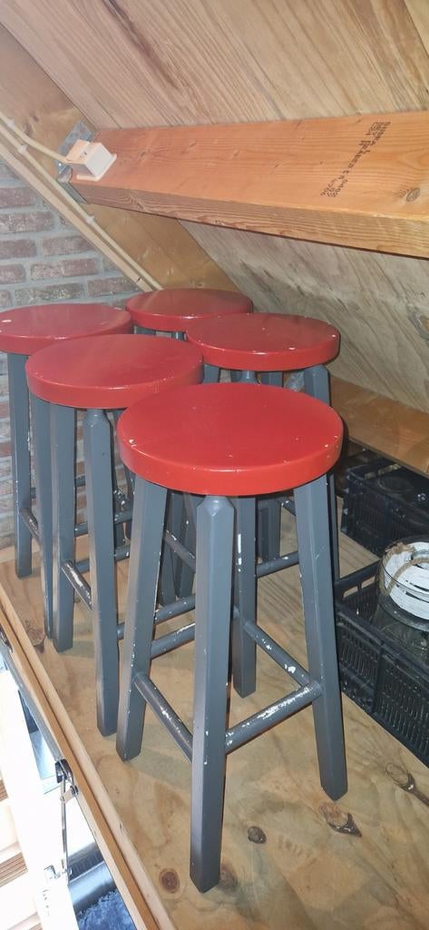 5 Houten Barkrukken - Rode Zitting, Ophalen, Met voetsteun, 60 tot 90 cm, Hout