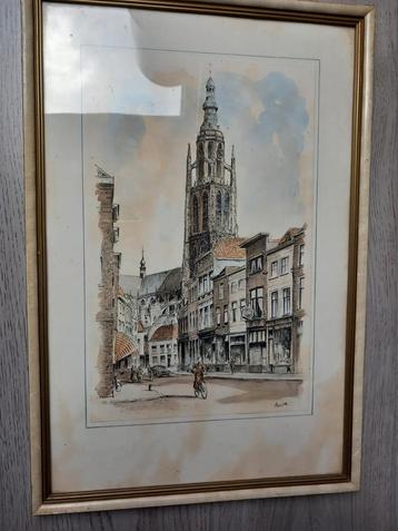 Litho van de grote kerk te Breda, omstreeks jaren 1950  beschikbaar voor biedingen