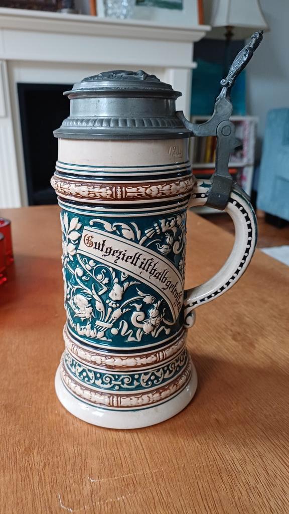 Antieke Duitse bierpul met tinnen deksel, Antiek en Kunst, Antiek | Keramiek en Aardewerk, Ophalen of Verzenden