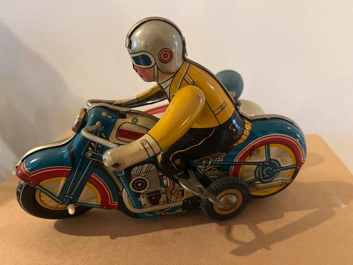 Vintage Blikken Motorfiets met Zijspan - Opwindbaar, Antiek en Kunst, Antiek | Speelgoed, Ophalen of Verzenden